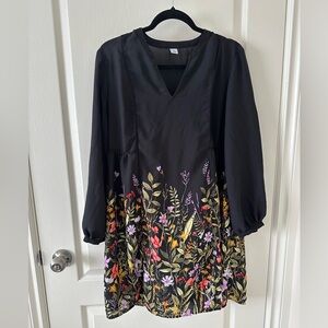 Black Short Dress with Vibrant Lilac and Peach Colored Flowers.